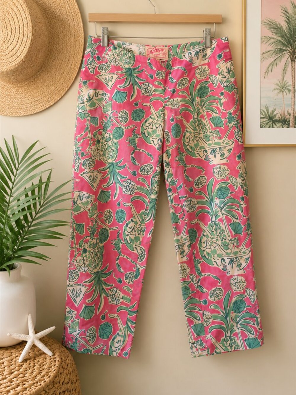 Lilly Pulitzer Originals Women's Capri Crop Pants Pink Green Tropical Print 12
